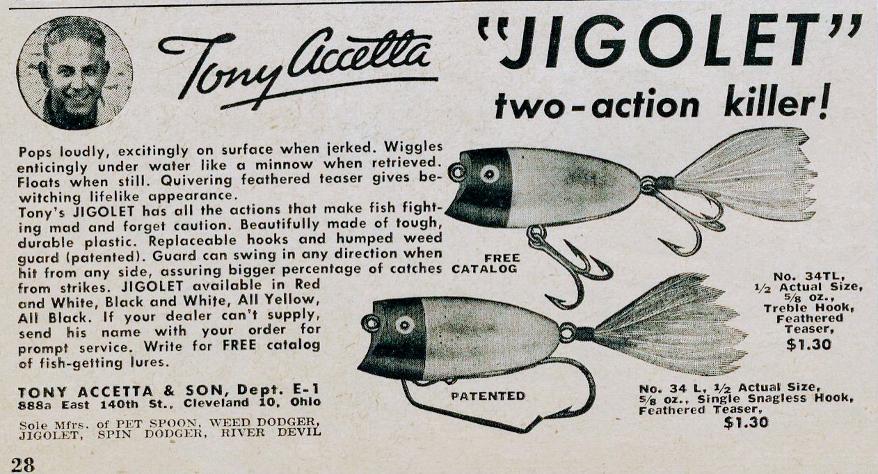 1948 Tony Accetta ad for Jigolet lures.