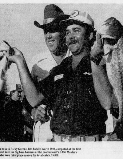 Ricky Green hoists his two big bass that helped him place thrid after blanking on day one. Photo: The Baltimore Sun Sunday November 14, 1976.