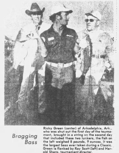 Ricky Green hoists his two big bass that helped him place thrid after blanking on day one. Photo: The Kansas City Star Sunday November 7, 1976.