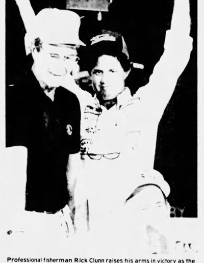Rick Clunn raises his hands after winning the 1984 BASS Masters Classic. Photo: The Clarksdale Press Register Monday Aug 20, 1984.