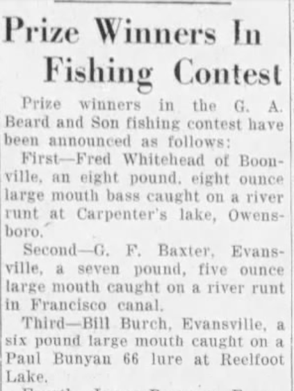 A six pound largemouth caught with a Paul Bunyan 66 lure earned Bill Burch a third place finish in this contest. Evansville Press, IN, Oct 31, 1948.
