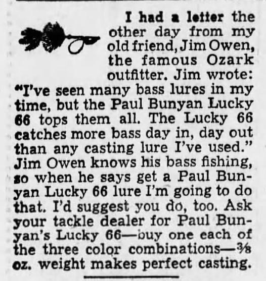 Quite the testimonial for the Lucky 66 from outfitter Jim Owen. Joe Denny column. The Cincinnati Enquirer, IN, May 23, 1948.