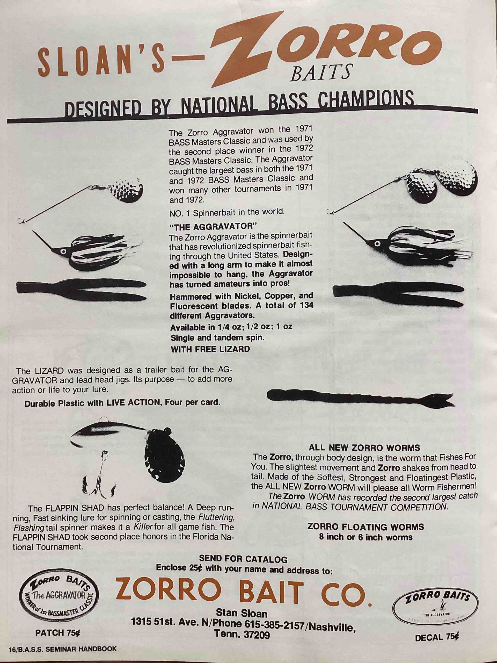 6 BASS Seminar Handbook Zorro Ad 1974 BASS Seminar Handbook featurig a Sloan's Zorro Baits Ad.