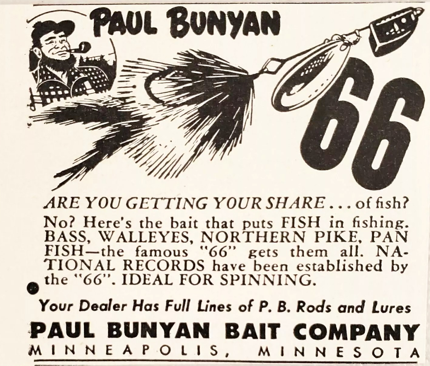 Paul Bunyan "Lucky" 66 - Bass Fishing Archives Retro Ads