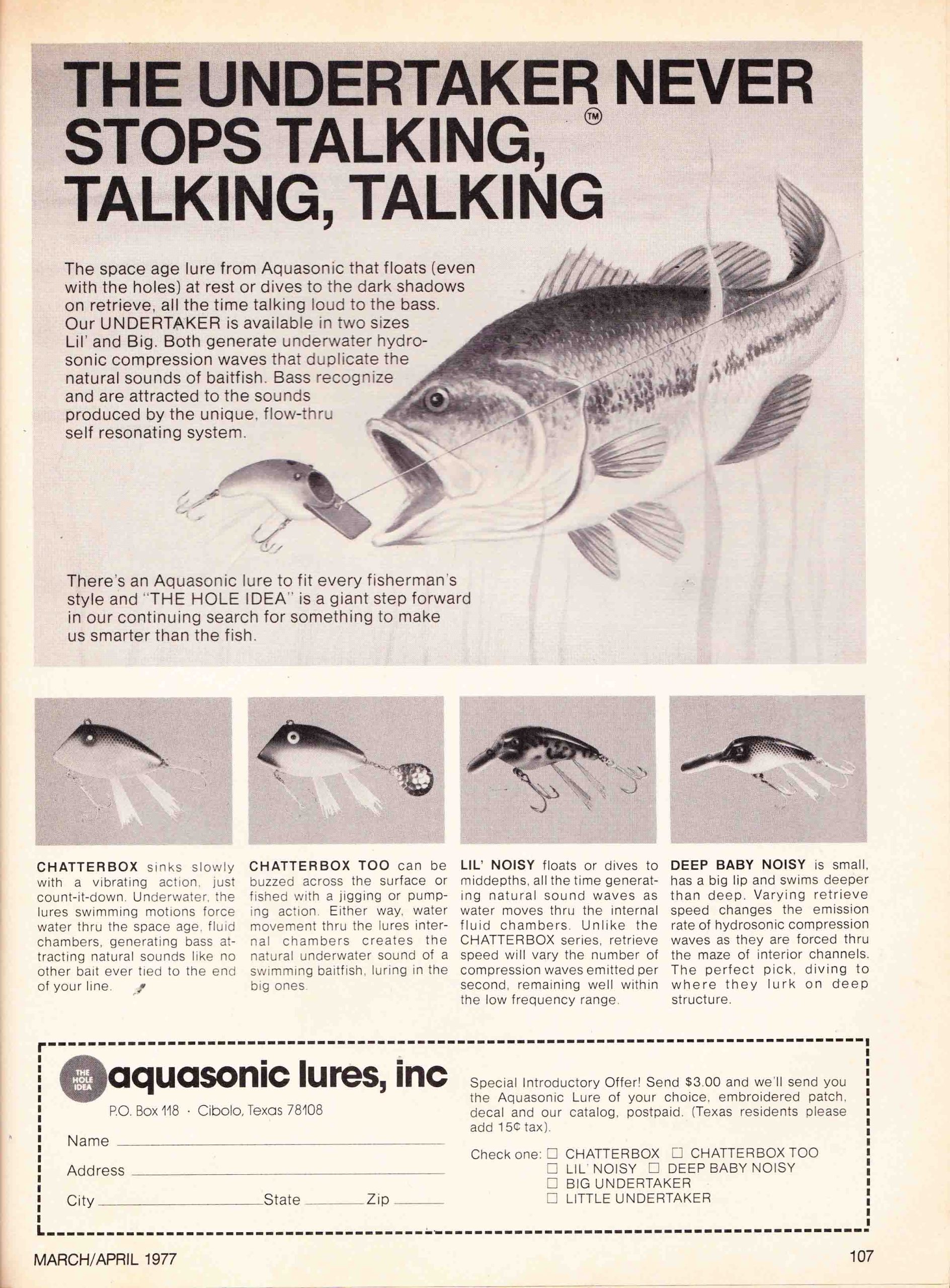 1977 Aquasonic Ad 2 Bassmaster 1977 Aquasonic Ad March/April 1977 Bassmaster Magazine.