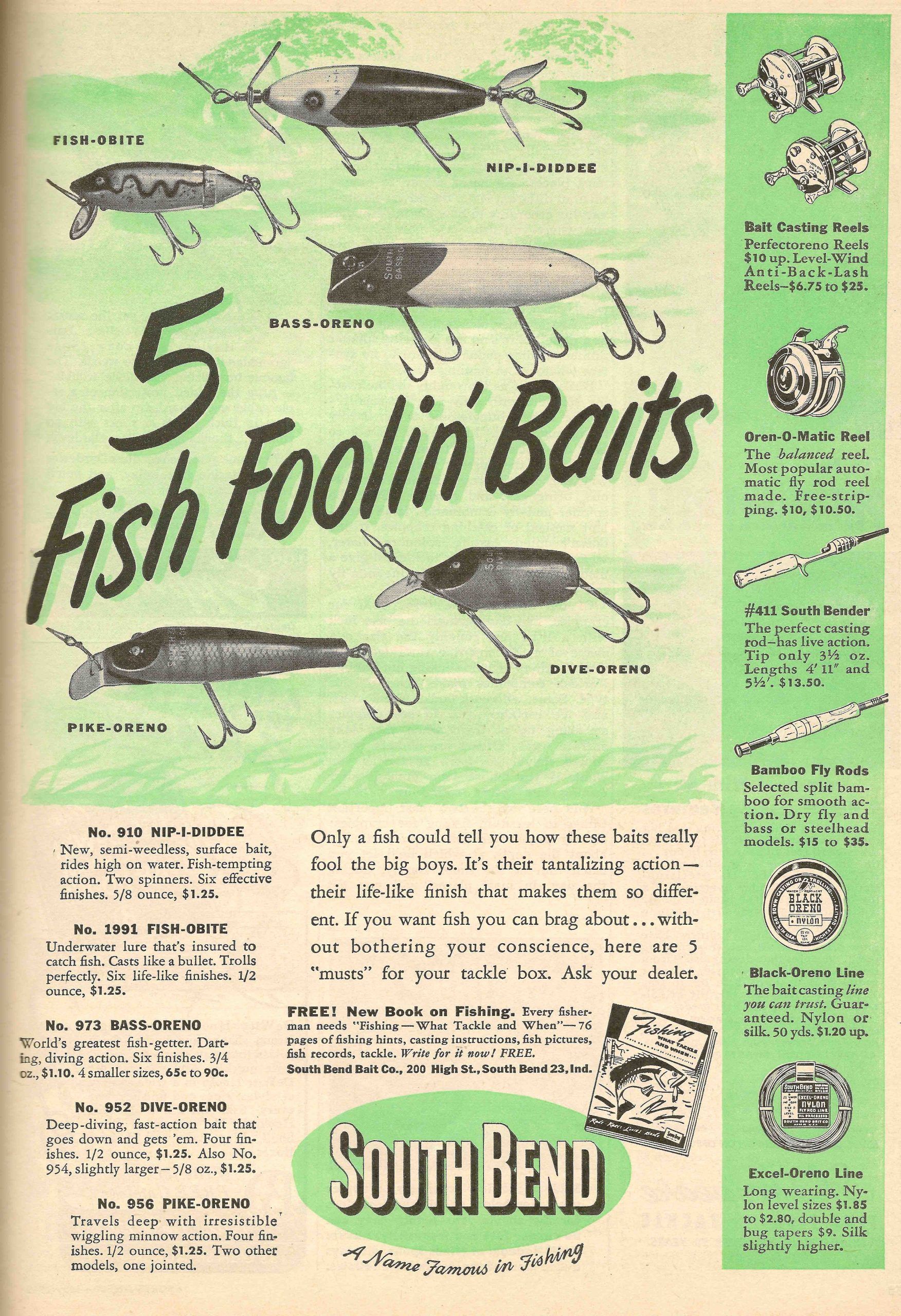 May 1949 SA _2 South Bend ad from the May 1949 issue of Sports Afield magazine showing the Nip-I-Diddee and other baits. Image Bill Sonnett.