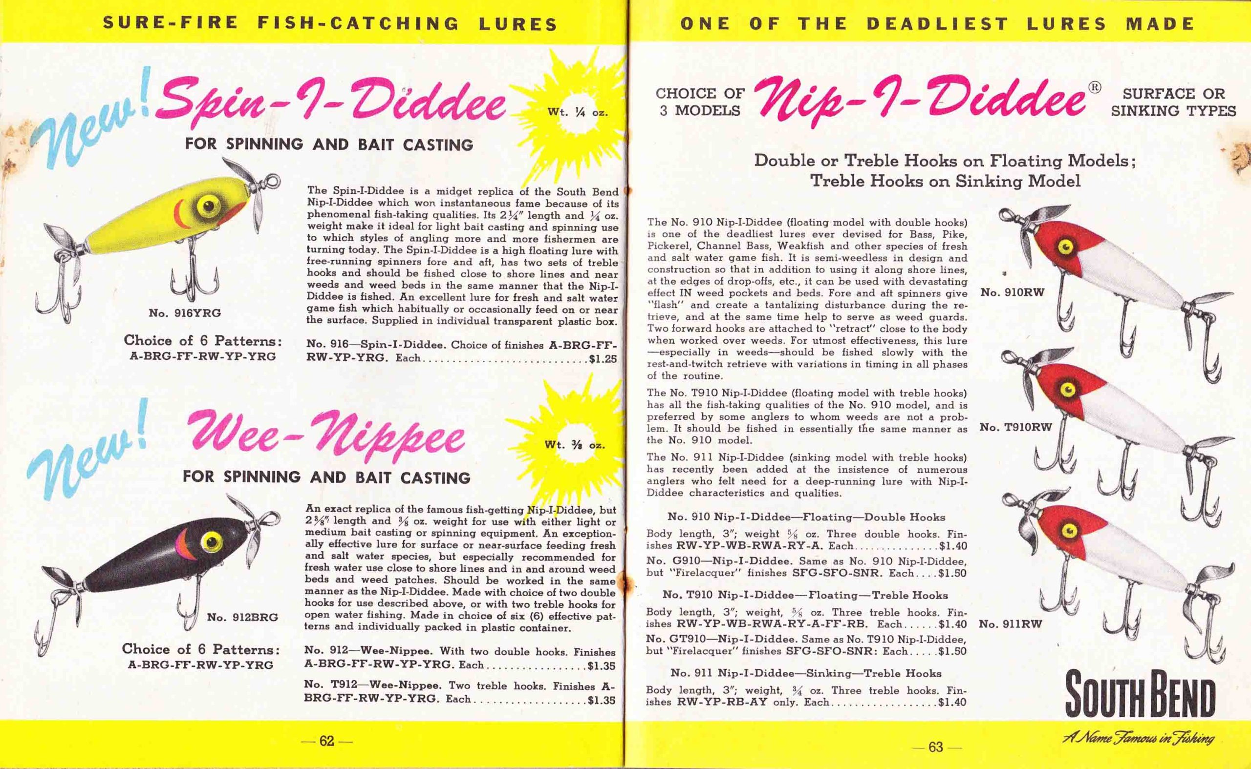 1951 South Bend Bait Co Catalog Nip-I-Diddee, Spin-I-Diddee, and Wee-Nippee from the 1952 South Bend Bait Company catalog. Image Terry Battisti.