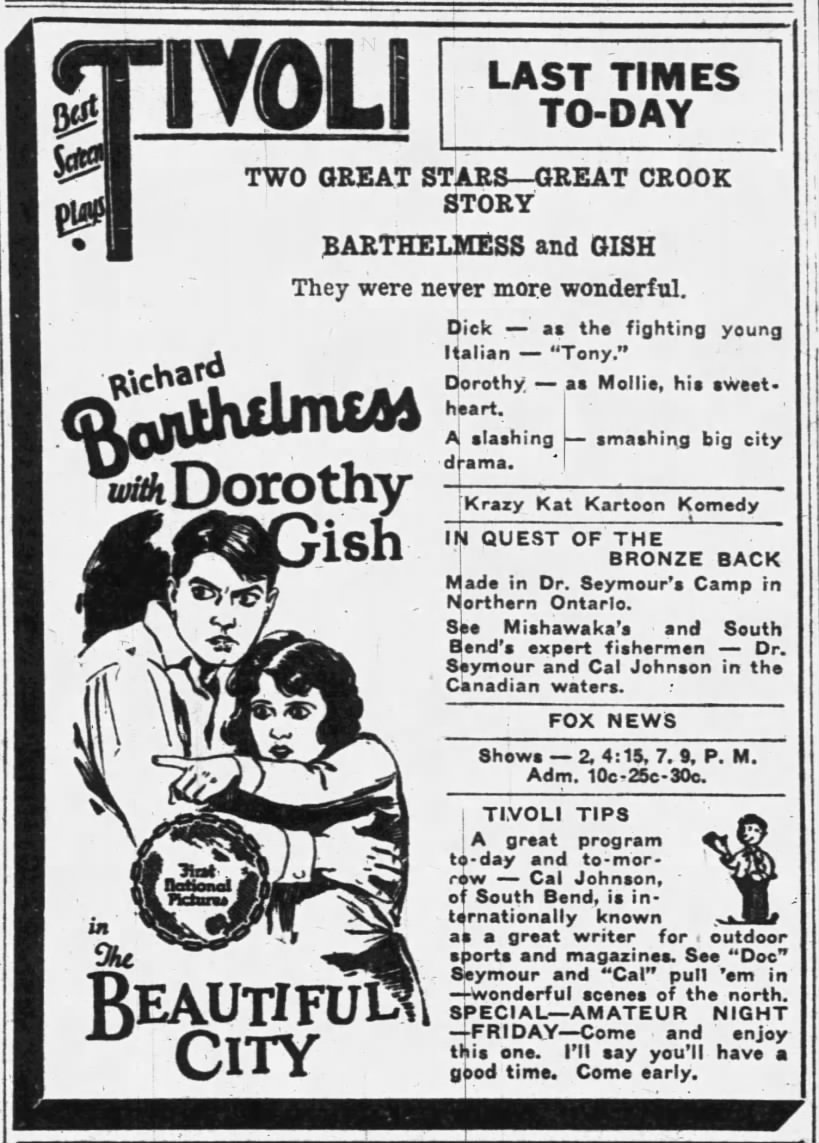 The South Bend Tribune, Dec 18, 1925. This theater announcement highlights Johnson's fishing film "In Quest of the Bronze Back."