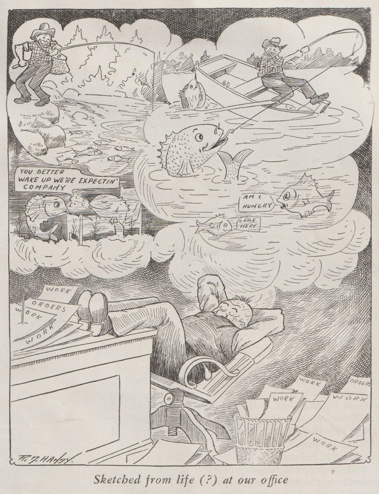 Sports Afield, June 1936. Cartoon illustrations for "Some Symptoms of Spring Fever."