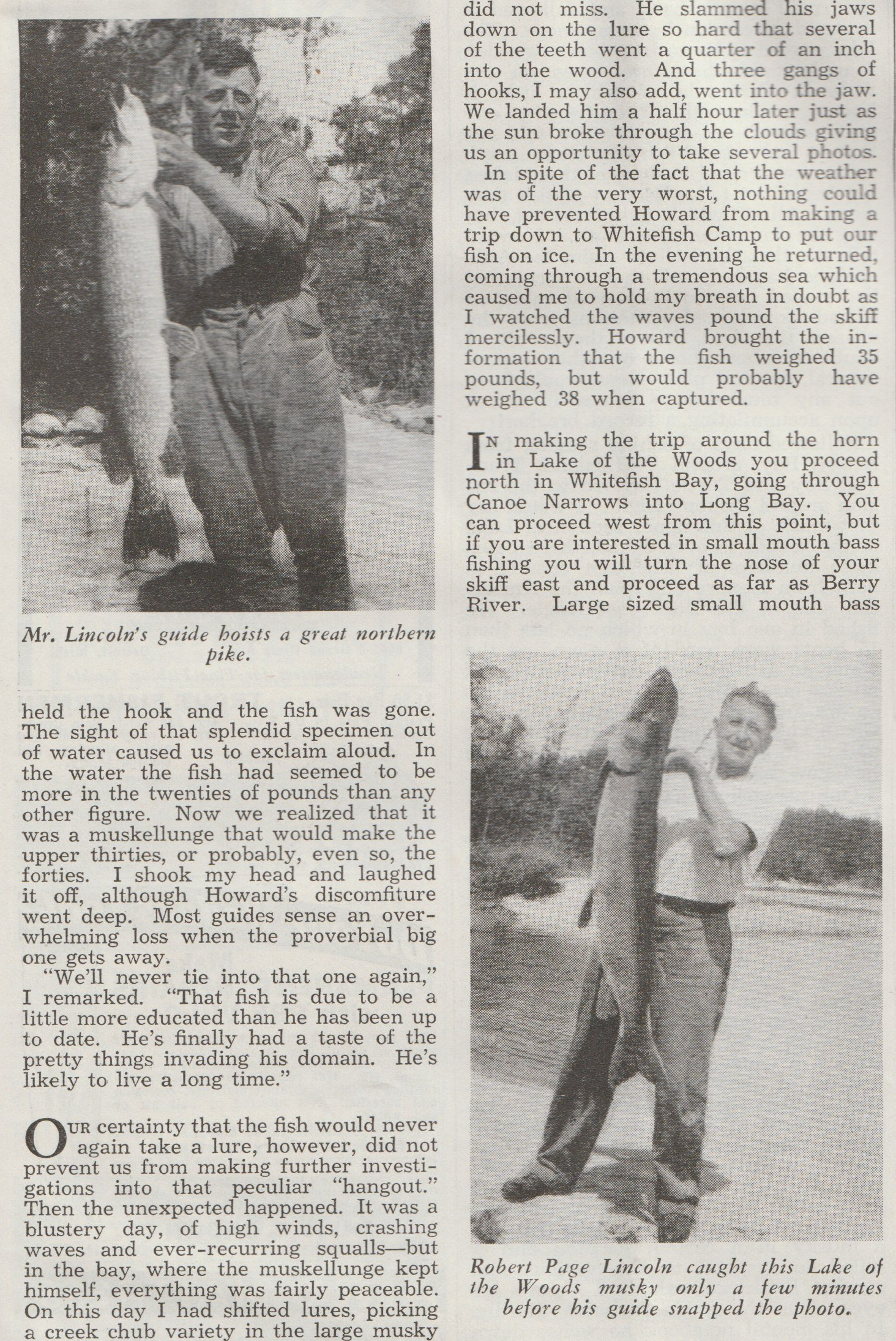 Sports Afield, June 1936. "Around the Horn...In Lake of the Woods" by Robert Page Lincoln. Images of Lincoln with musky (lower) and his guide with big northern pike (upper).