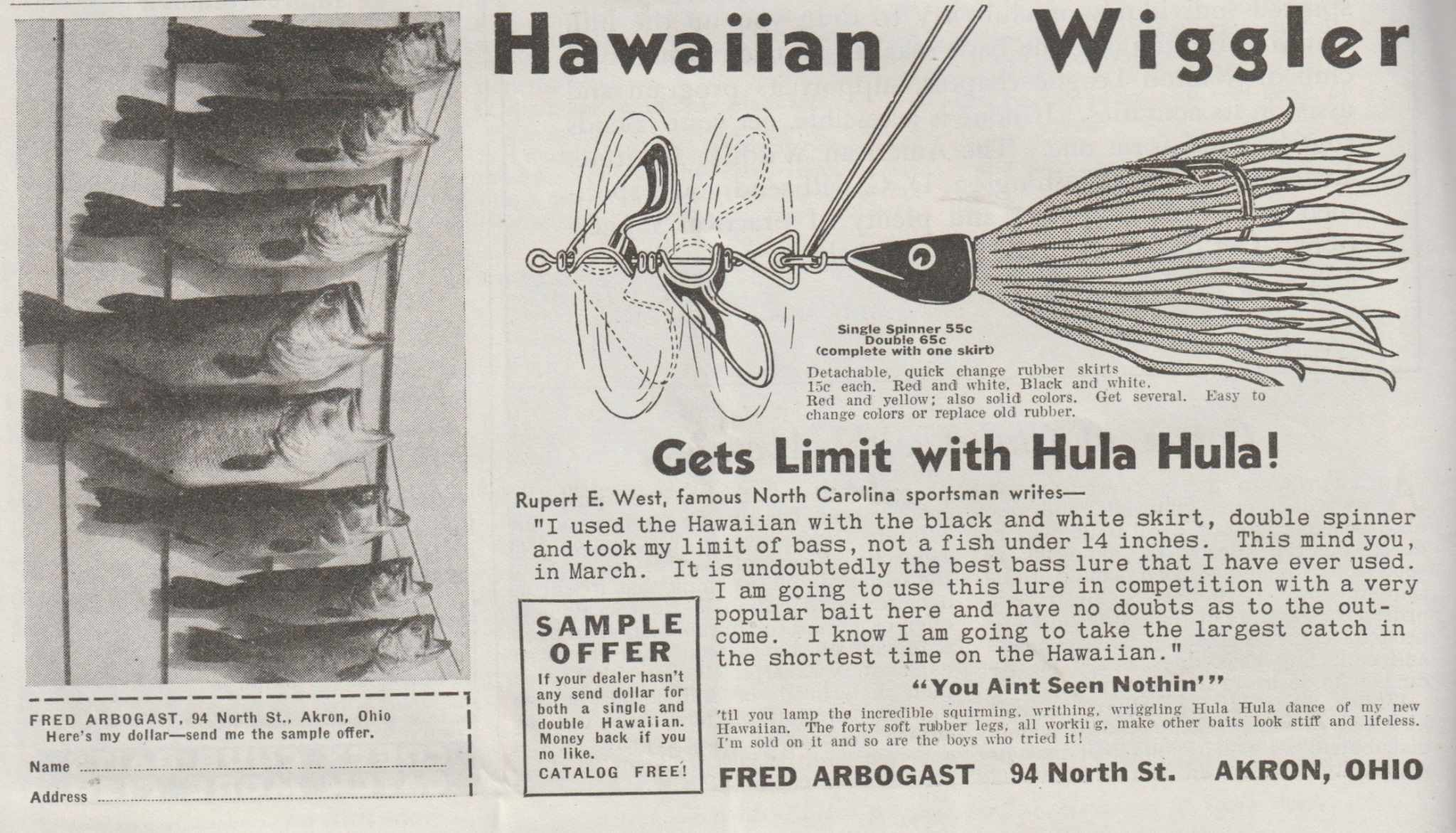 Sports Afield, June 1936. Arbogast Hawaiian Wiggler ad.