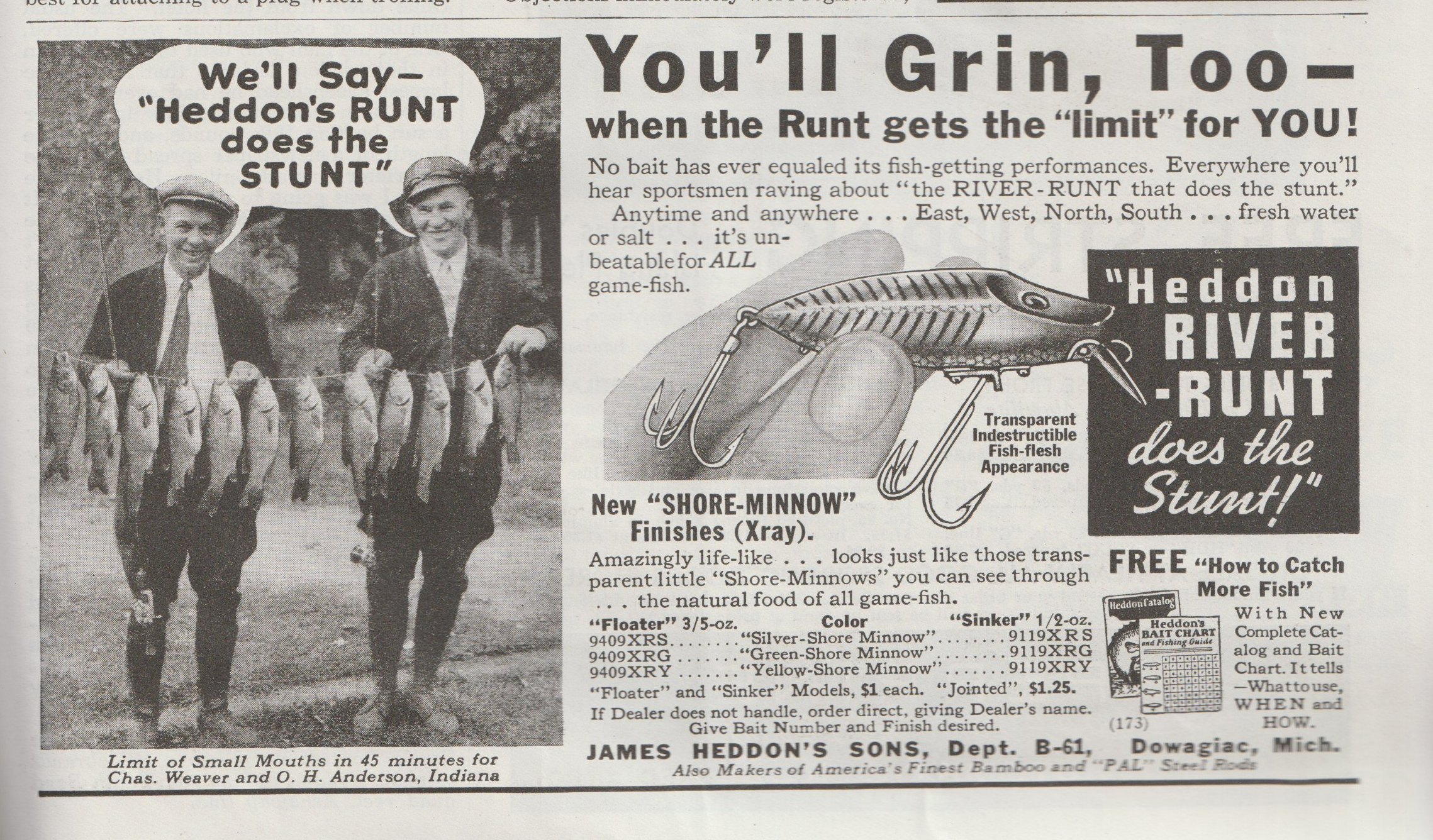Sports Afield, June 1936. Heddon River Runt ad.