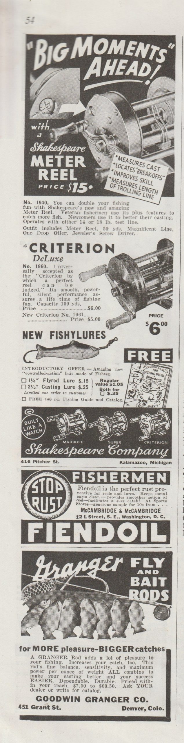 Sports Afield, June 1936. One of three Shakespeare Company fishing ads in this issue, at top of the column.