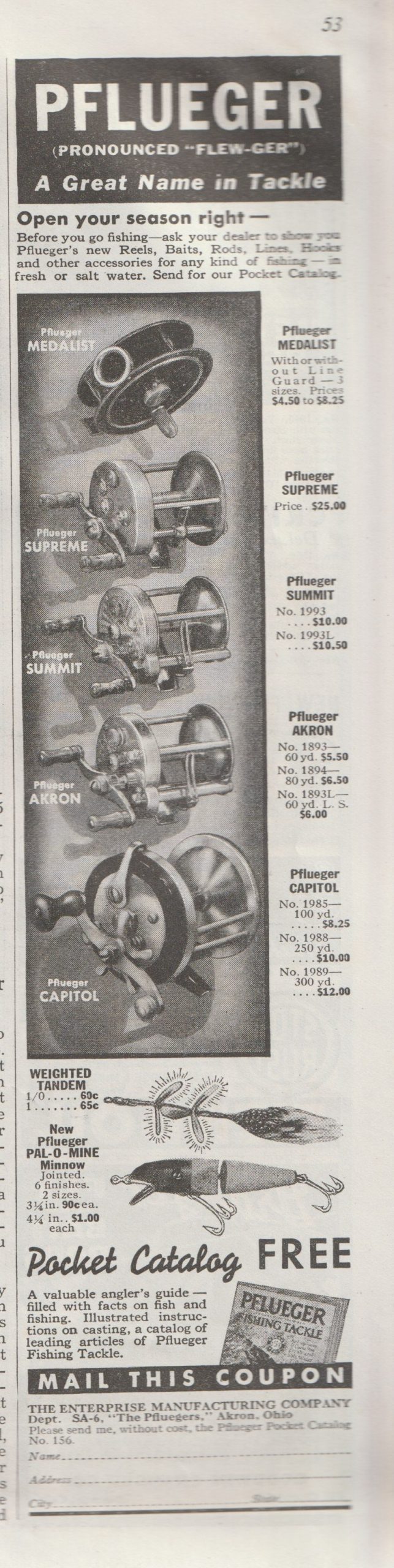 Sports Afield, June 1936. Pflueger ad - note the Pflueger Pal-O-Mine lure.