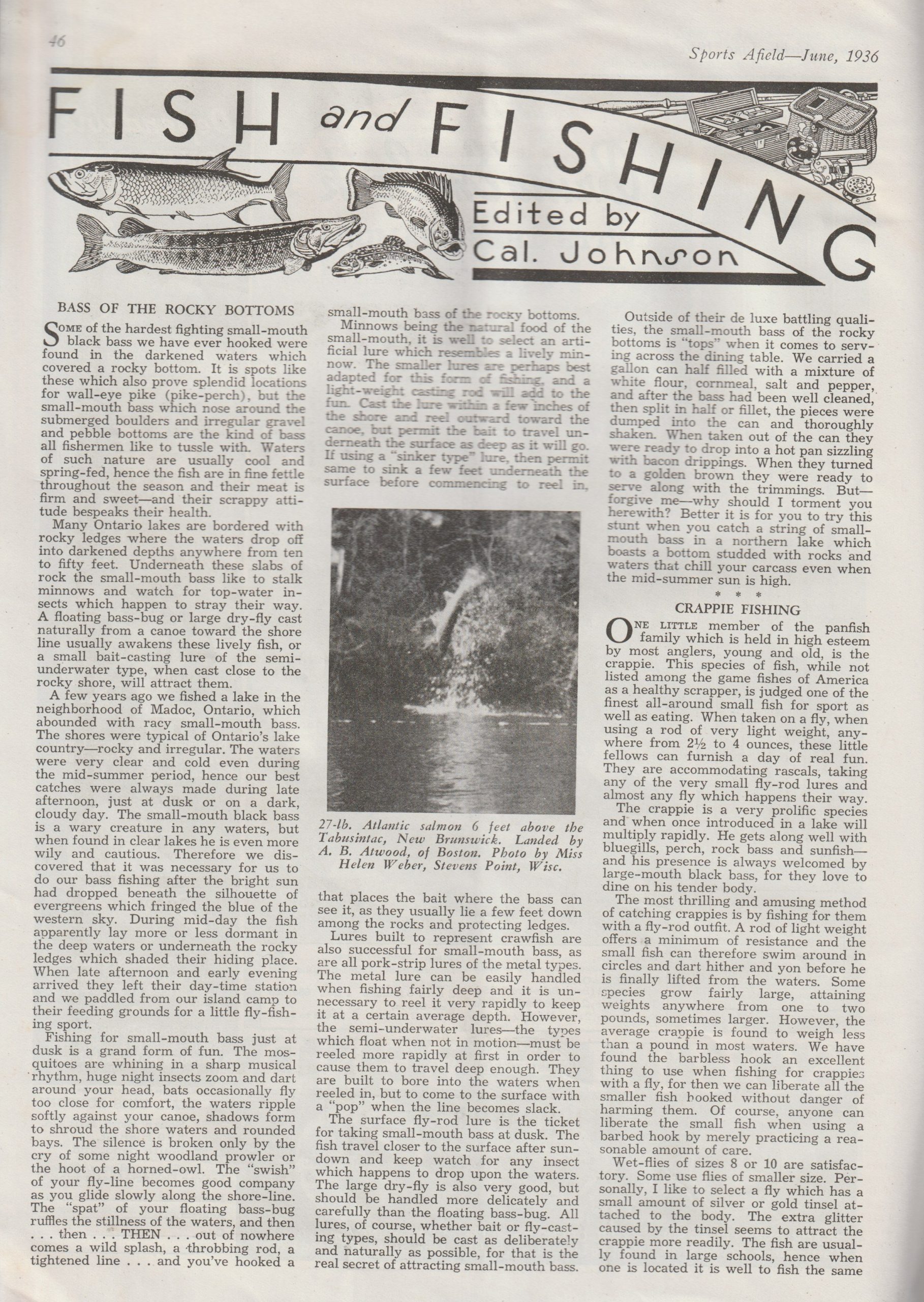 Sports Afield, June 1936. Fish and Fishing column by Cal Johnson. "Bass of the Rocky Bottoms" is the first story.