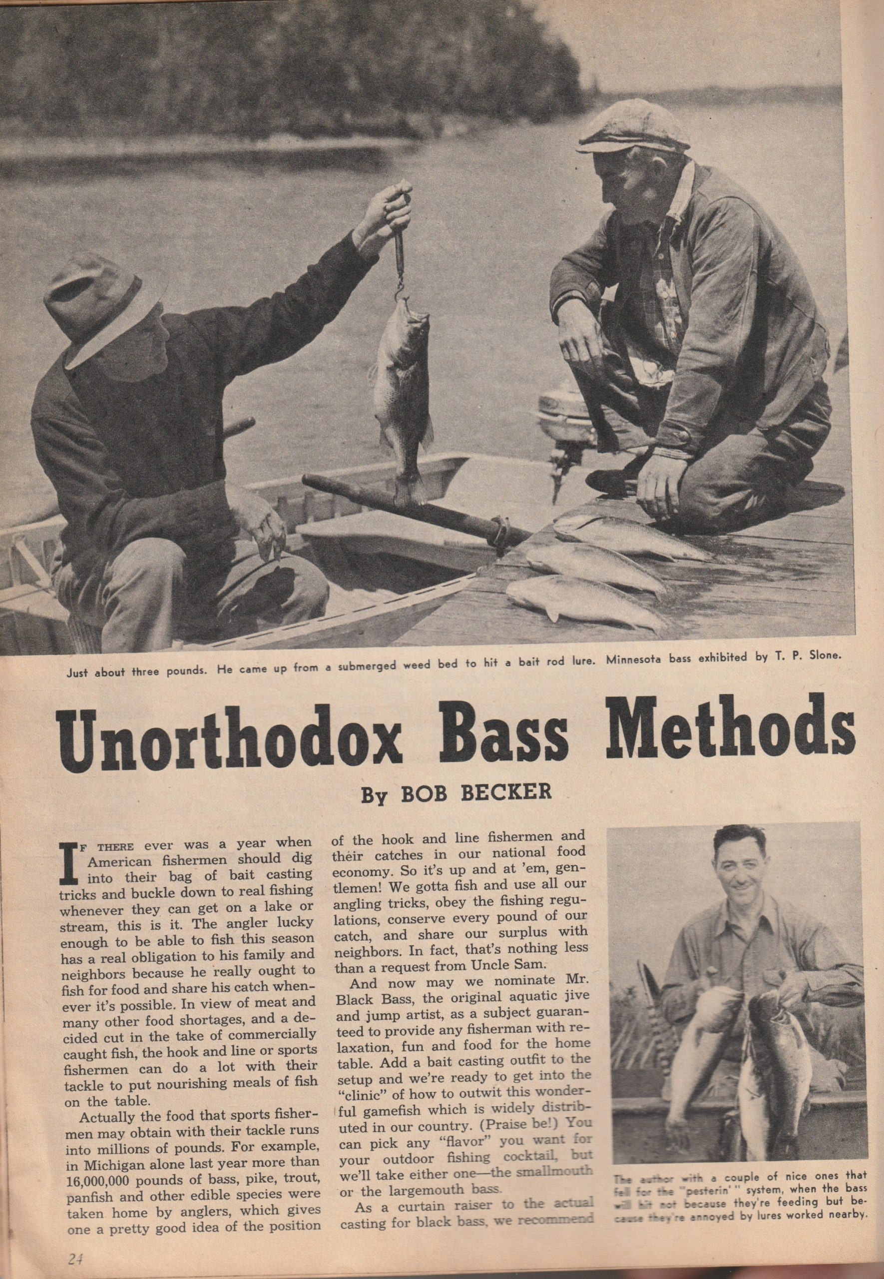 "Unorthodox Bass Methods" by Bob Becker, Sports Afield Fishing Annual, 1943. Becker pictured in the lower right.