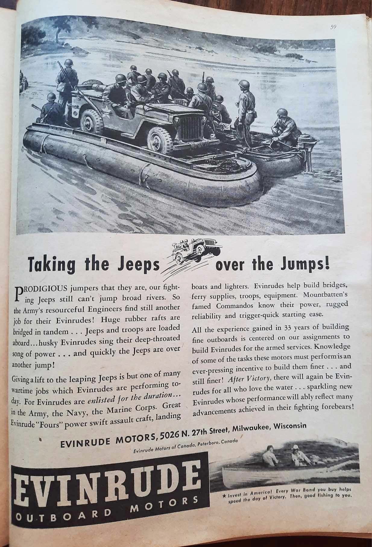 Evinrude ad, "Taking Jeeps Over the Jumps!" Sports Afield Fishing Annual, 1943.
