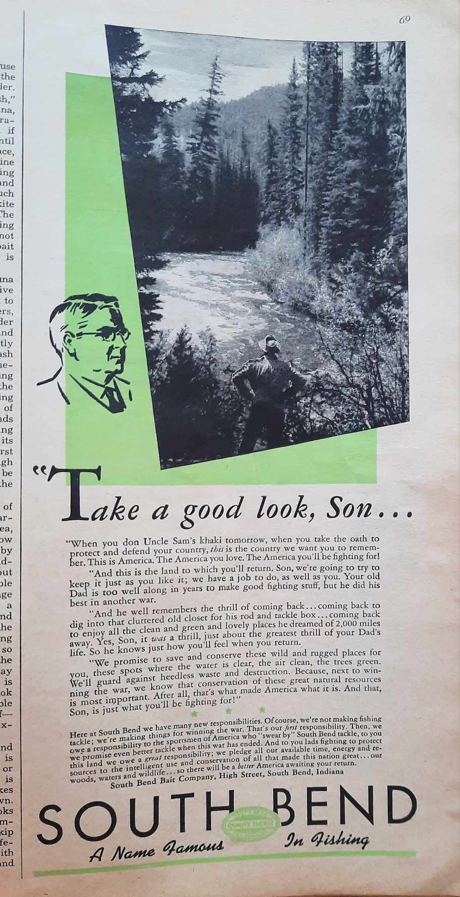 South Bend Bait Co. ad, "Take a good look, Son..." Sports Afield Fishing Annual, 1943.