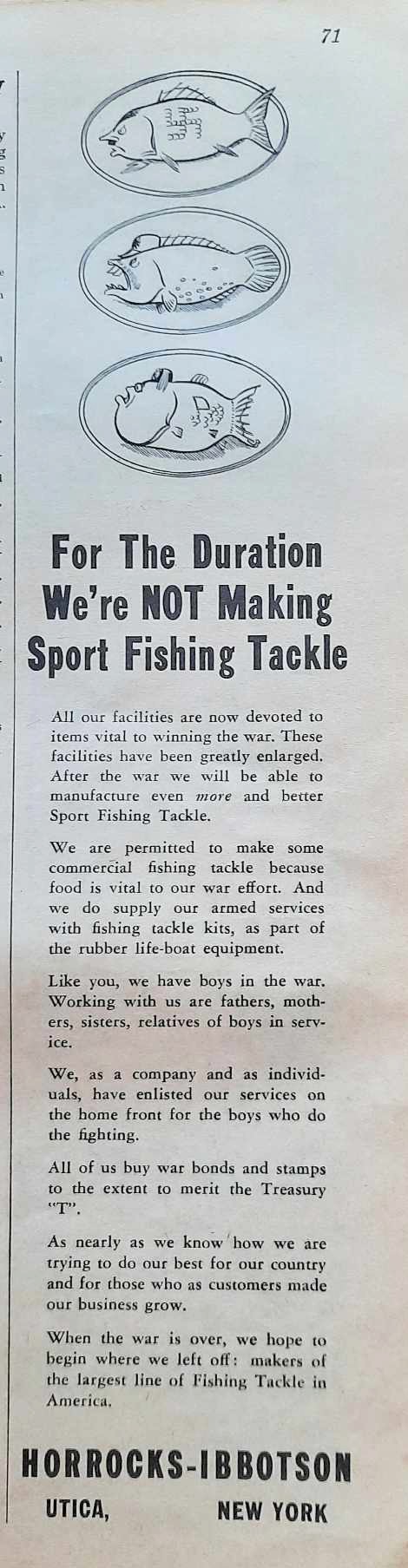 Horrocks-Ibbotson ad, with cartoons of mounted fish representing the three Axis leaders. Sports Afield Fishing Annual, 1943.