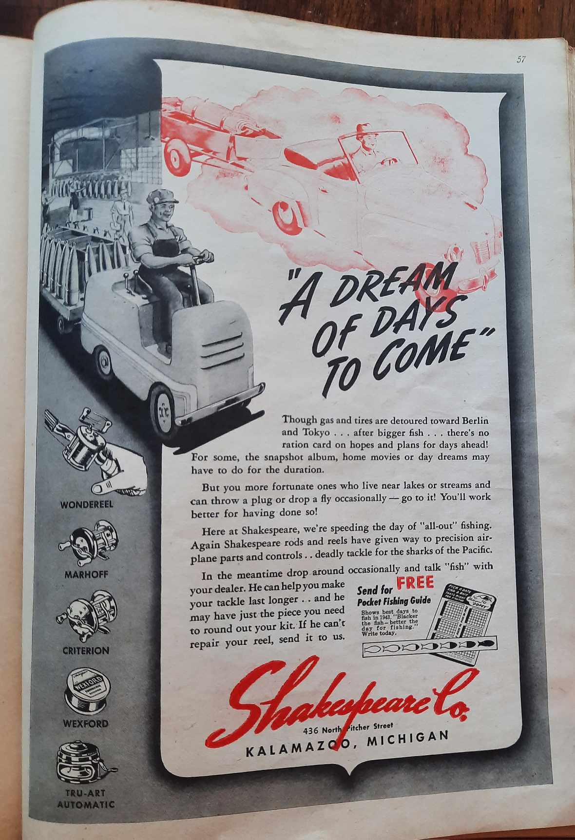 Shakespeare Co., another top tackle company ad explaining that their fishing production now supports the war effort, and promising a better post-war experience for anglers. Sports Afield Fishing Annual, 1943.