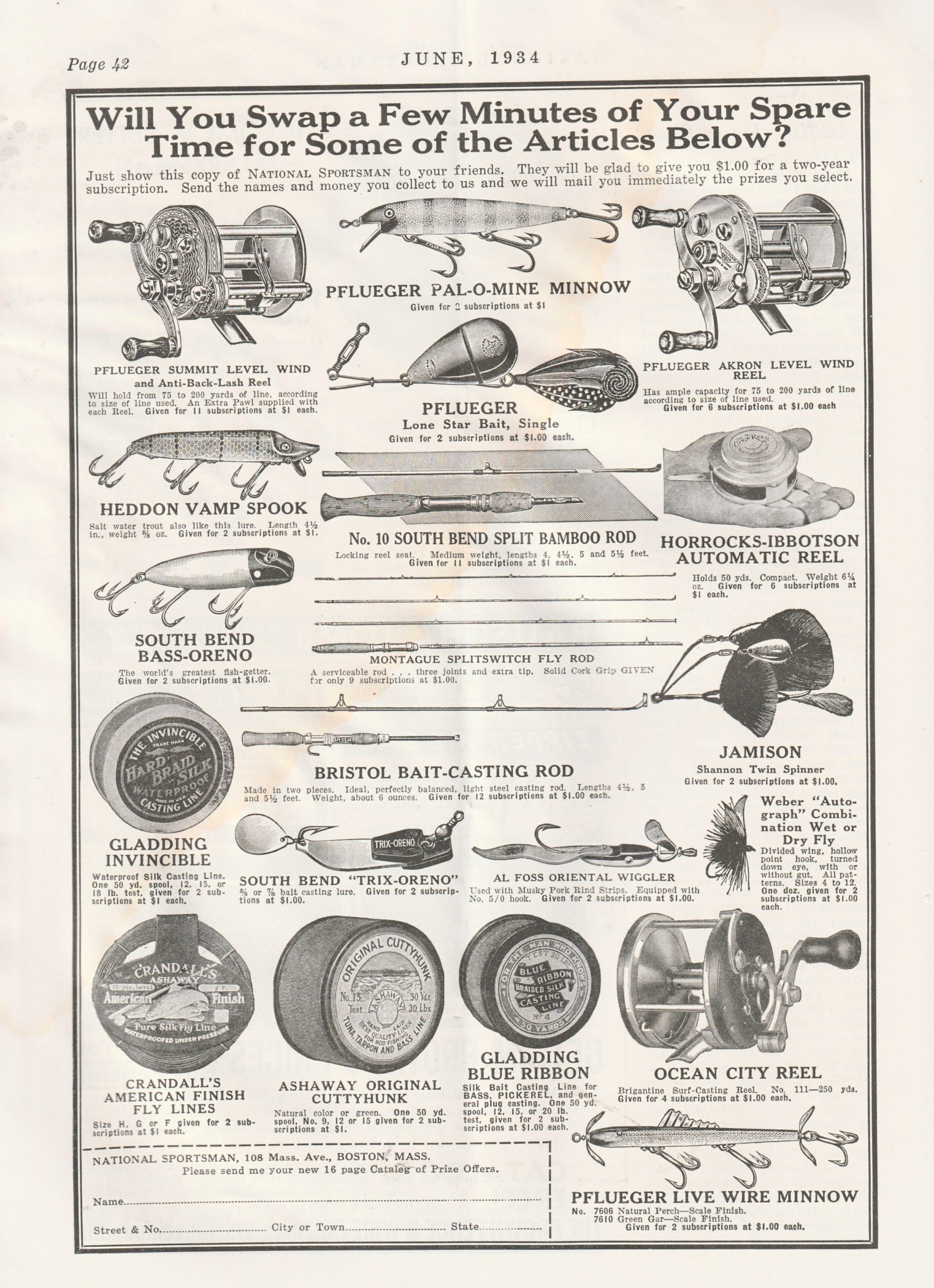 National Sportsman magazine, June 1934. Ad from the magazine enlisting the help of readers to gain more subscriptions, with fishing tackle being the reward.