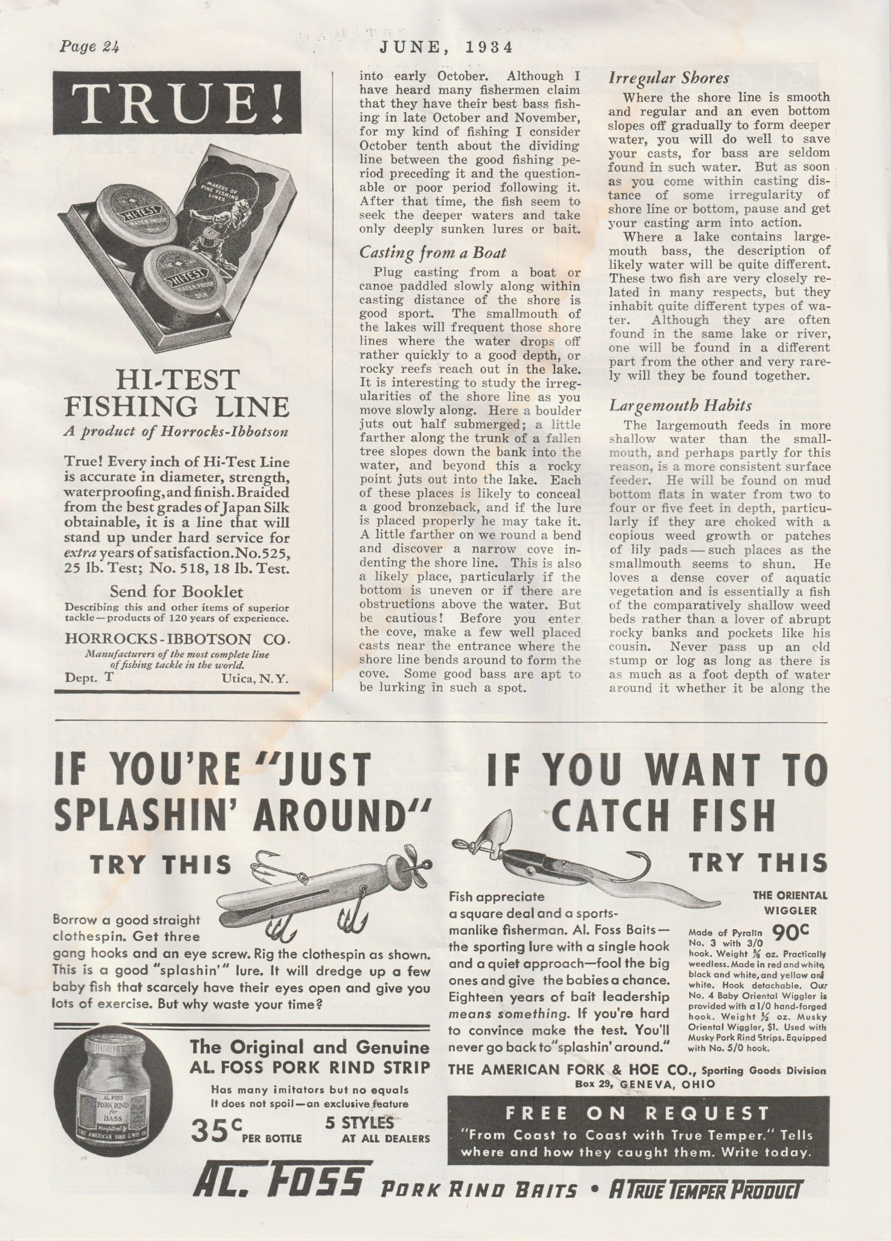 National Sportsman magazine, June 1934. The Al Foss/True Temper ad for Foss's Oriental Wiggler is brilliant. I wonder how many old clothespin lures are floating around out there.