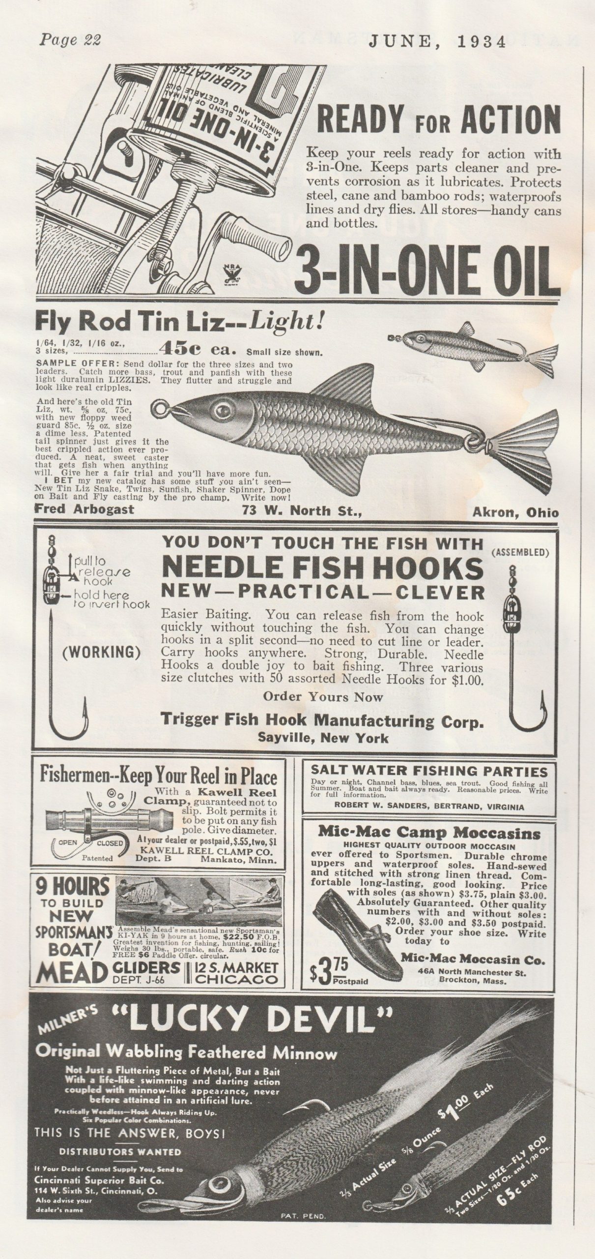 National Sportsman magazine, June 1934. Ads for 3-In-One oil to lubricate reels, Arbogast's Tin Liz lure, Needle Fish Hooks, an invention that securely clamps your reel to your rod, and the Lucky Devil, a "wabbling feathered minnow" lure.