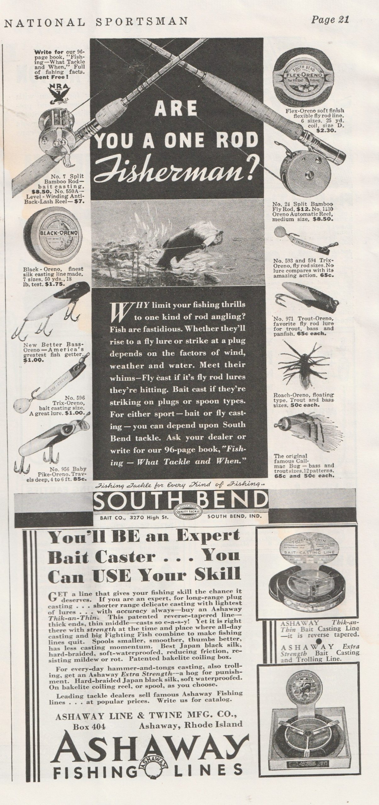 National Sportsman magazine, June 1934. Ads for South Bend, featuring a leaping bass with a Bass-Oreno hooked in its jaws, and Ashaway Fishing Lines, promising you'll be an expert bait caster if you use Ashaway Line.