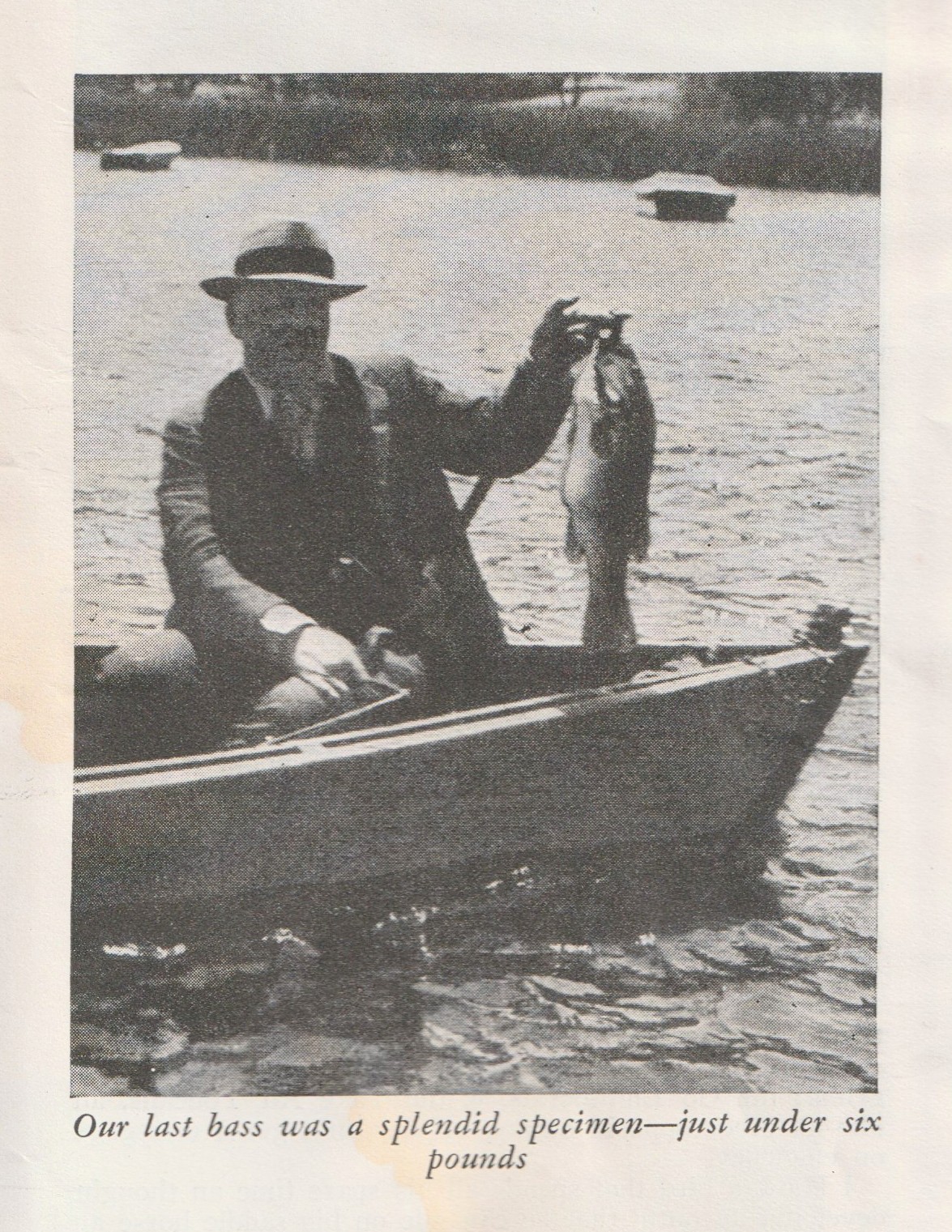 National Sportsman magazine, June 1934. Photo from story, "Two Kinds of Luck." Gone are the days when anglers wore a fedora, suit coat and vest while fishing. That is quite a bass that gentleman is holding.