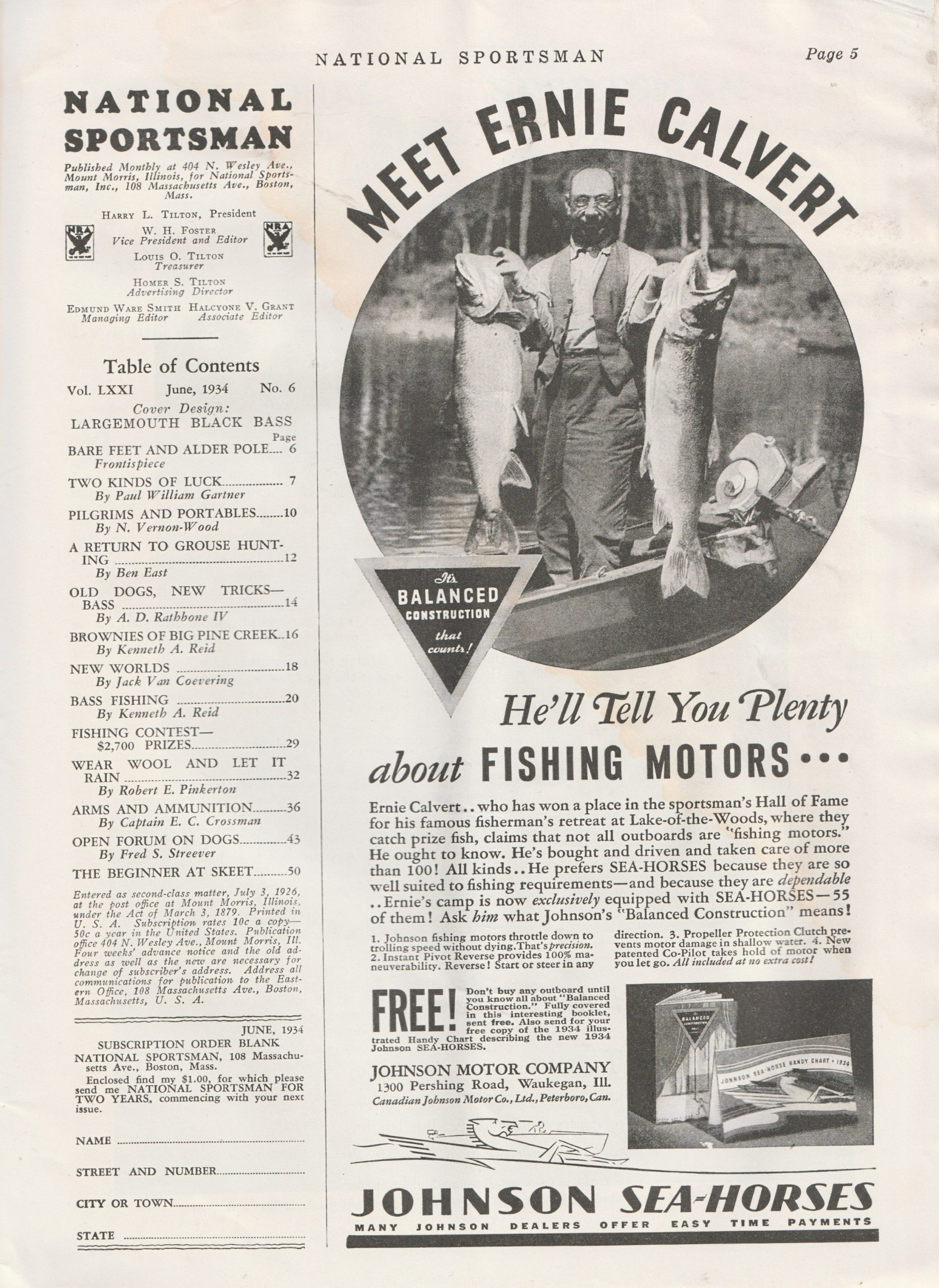 National Sportsman magazine, June 1934. Smart-looking advertisement for Johnson Sea-Horse motors.