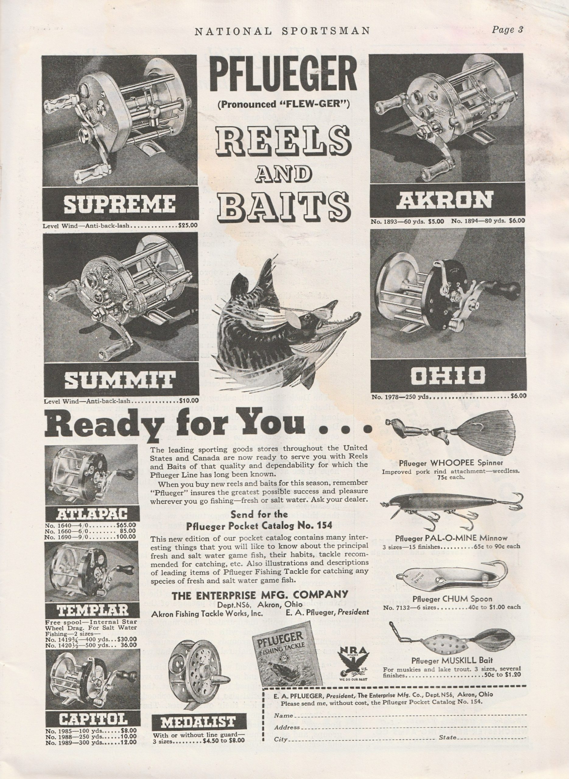 National Sportsman magazine, June 1934. Full-page Pflueger Reels and Baits ad. Pflueger was a powerhouse company in 1934.