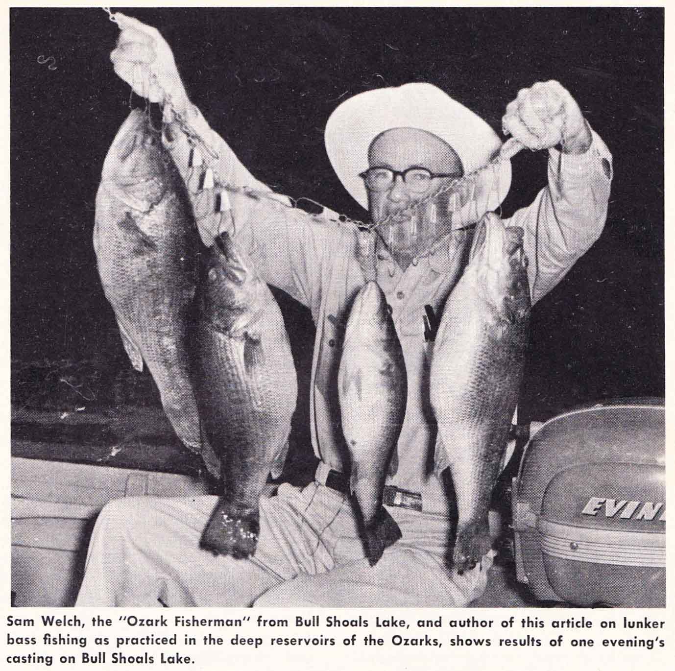 Photo _1 Sam Welch with a nice string of bass. Image 1963 Southern Angler's and Hunter's Guide_ Sam Welch with a nice string of bass. Image 1963 Southern Angler's and Hunter's Guide.
