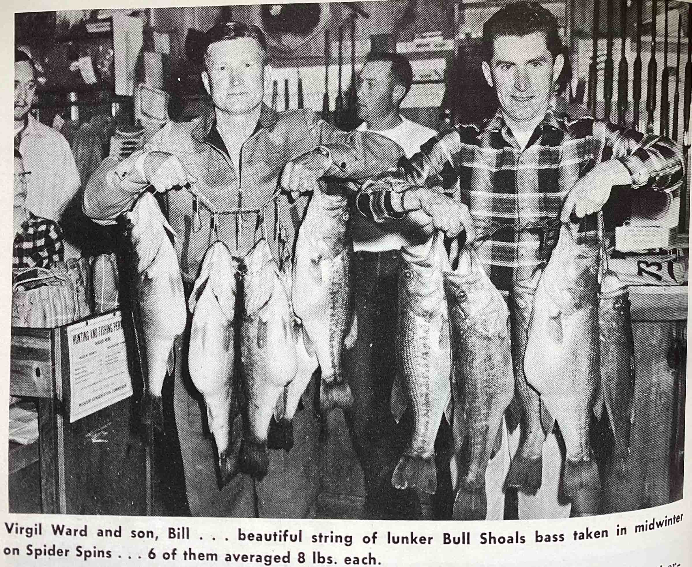 Photo _13 Virgil and Bill Ward with a hefty string of Bull Shoals bass. Image Southern Angler's and Hunter's Guide.