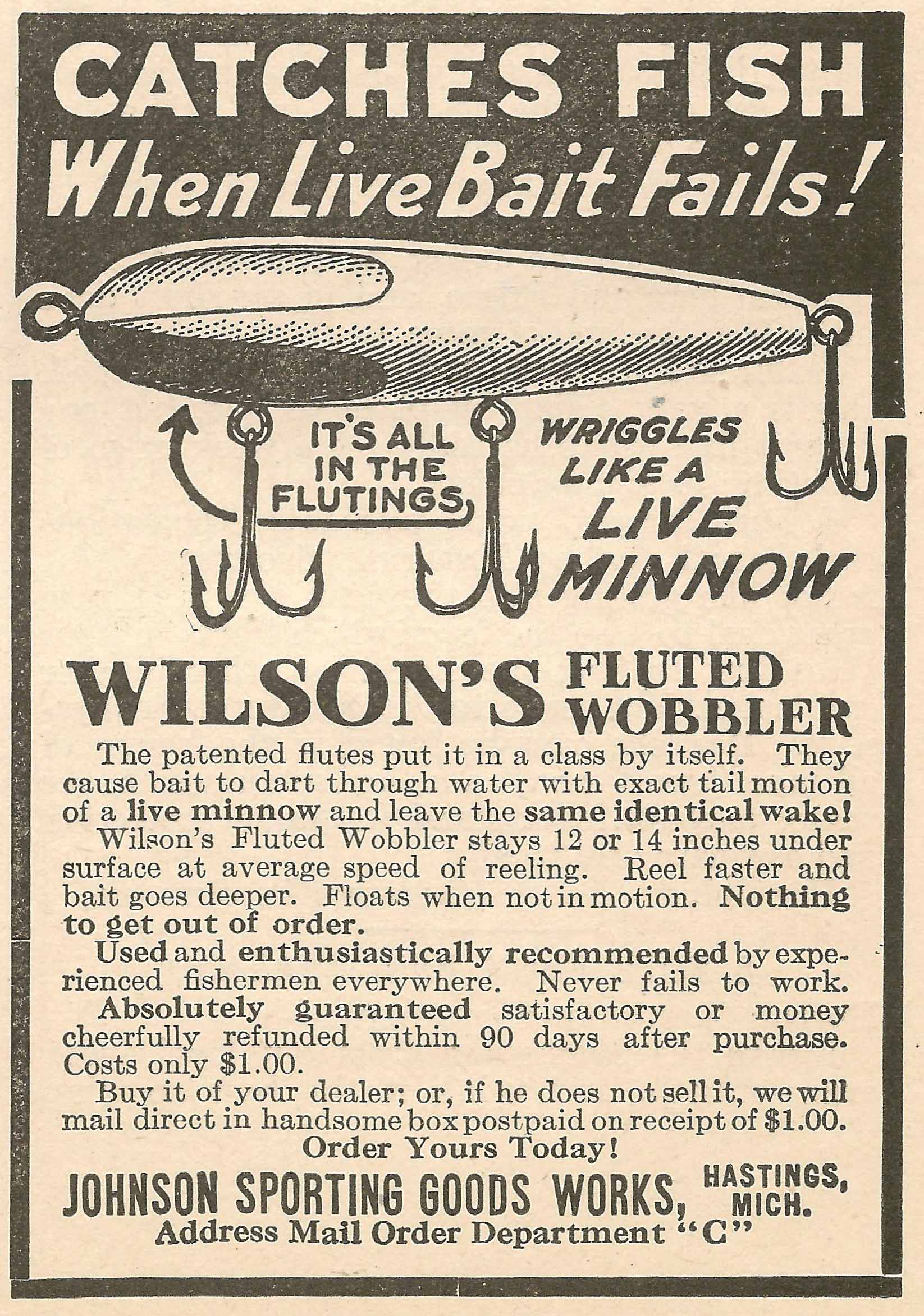 (1) Wilson Fluted Wobbler ad Apr 1912 issue of National Sportsman Compressed This early ad for the Wilson Fluted Wobbler appeared in the April 1912 issue of National Sportsman Magazine. Image Bill Sonnett.