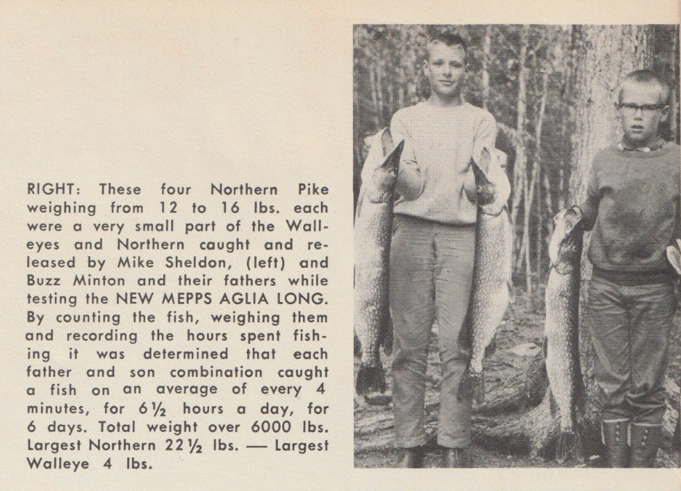 Mepps Catalog No. 65, 1965. Mike Sheldon as a youngster, with friend Buzz Minton. The boys hold some nice northern pike caught on Mepps spinners.