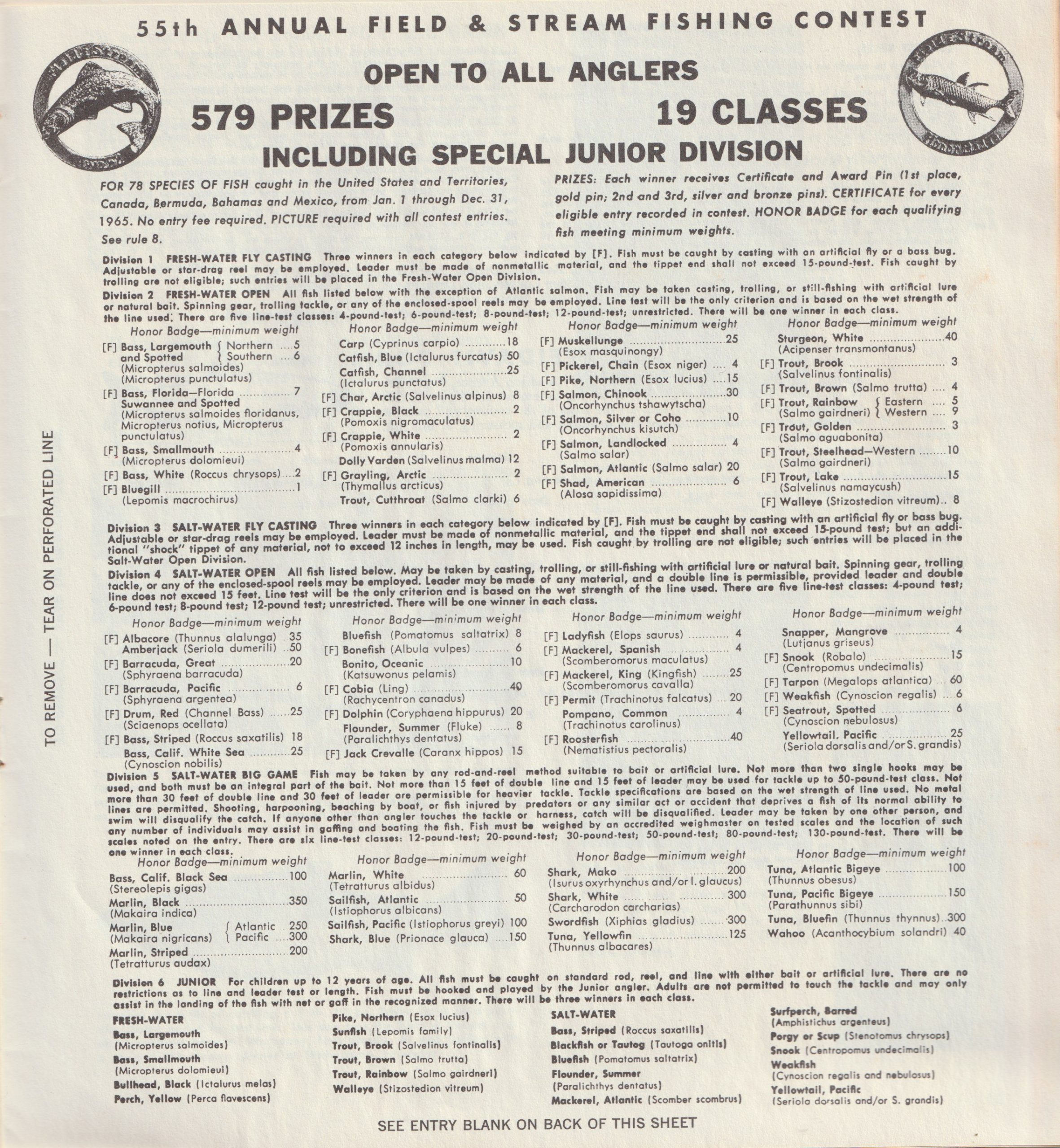 Mepps Catalog No. 65, 1965. 1965 Field and Stream Fishing Contest entry form, side 1.