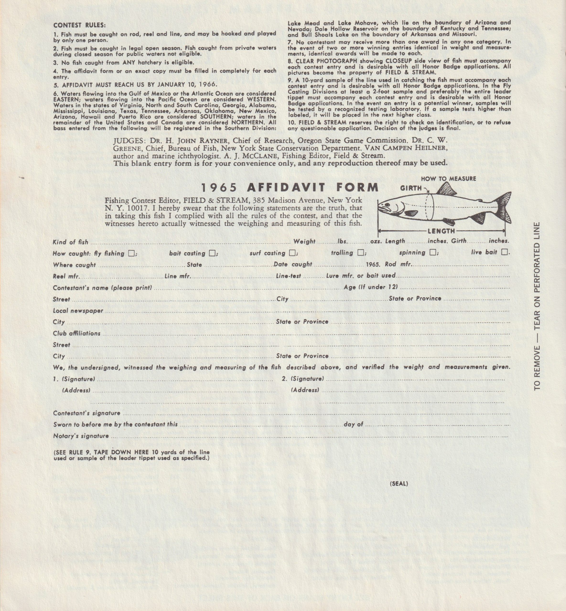 Mepps Catalog No. 65, 1965. 1965 Field and Stream Fishing Contest entry form, side 2.