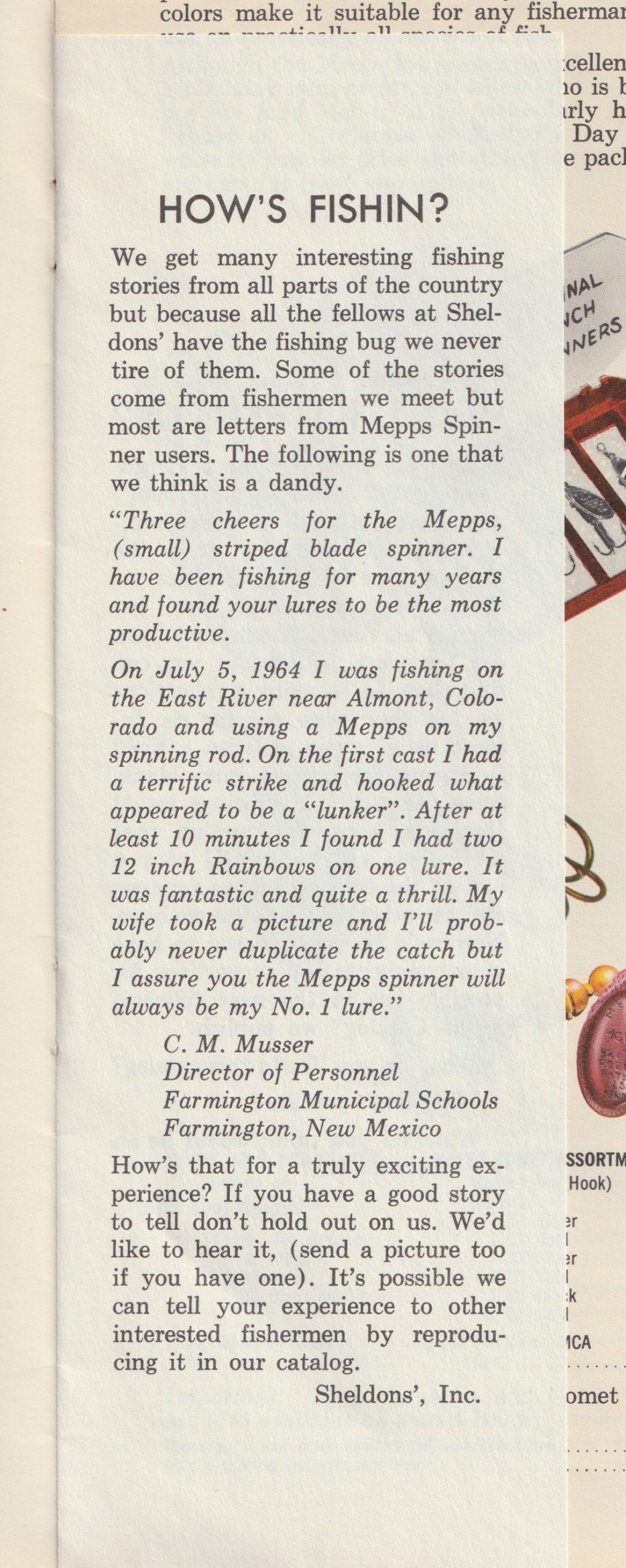 Mepps Catalog No. 65, 1965. "How's Fishin" insert. A wonderful testimonial from a very happy angler on the effectiveness of Mepps spinners.