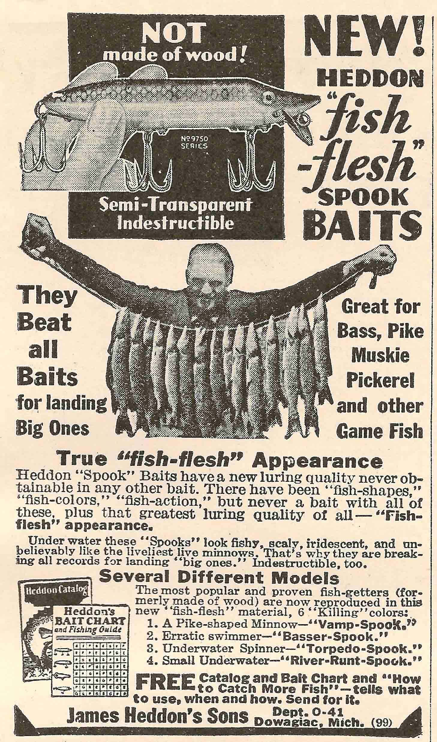 1933 Apr OL River Runt compressed 1933 Ad introducing the new Heddon Fish Flesh Spook Baits. Heddon had no clue these baits would revolutionize the plug industry. April 1933 issue of Outdoor Life. Image Bill Sonnett.