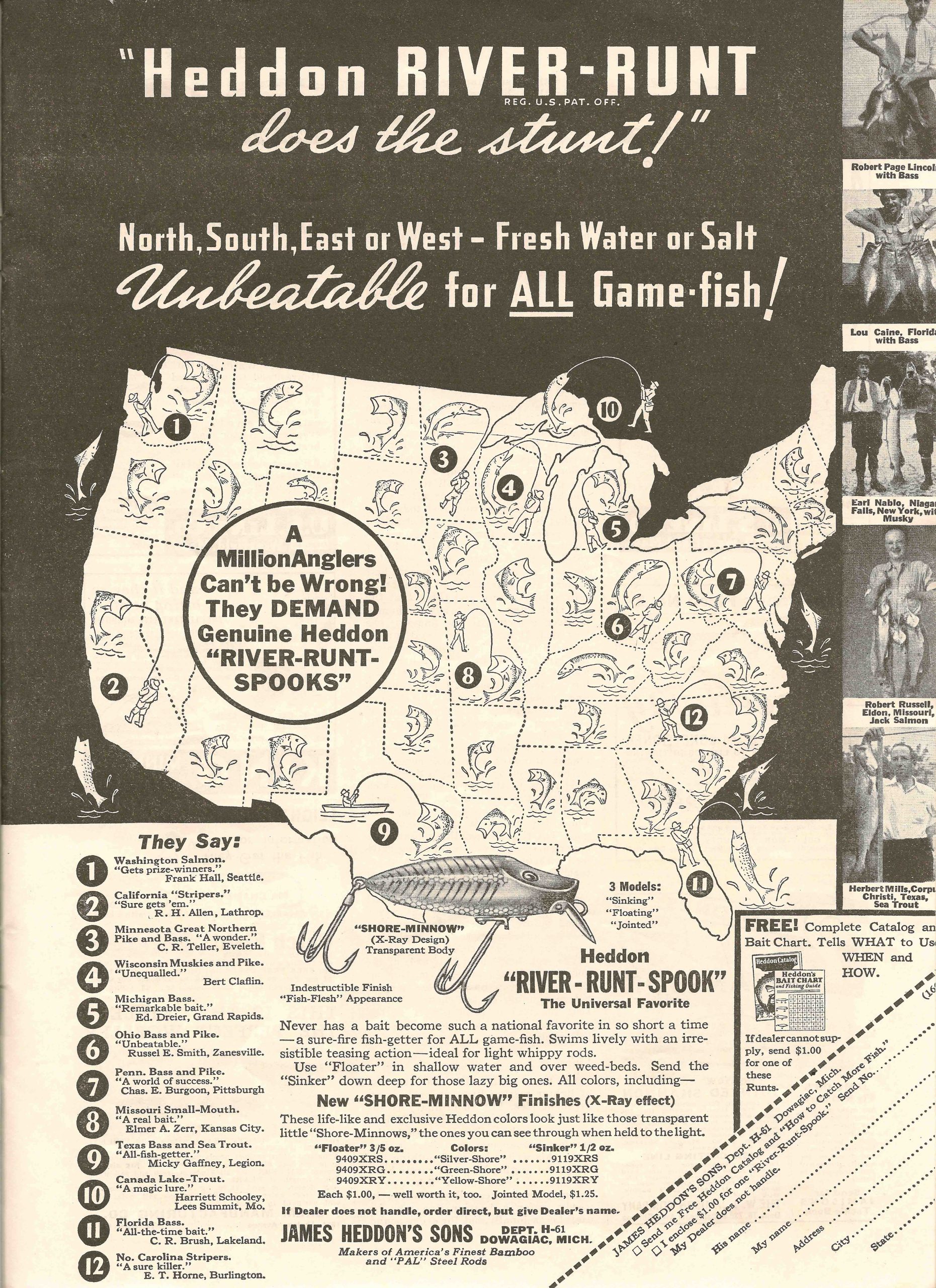 July 1936 Hunting & Fishing River Runt compressed It took Heddon a couple years to realize how good a bait the River Runt was. But thousands of anglers let them know and by 1936, it became Heddon's #1 bait. Image Bill Sonnett.