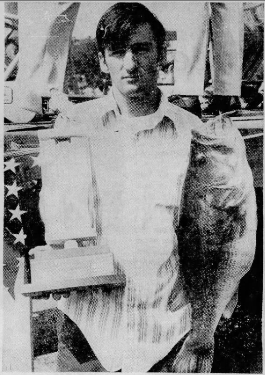 Original caption: "Jimmy Trawick shows winning bass...The lunker went over 10 pounds." The Huntsville Times, May 15, 1972.