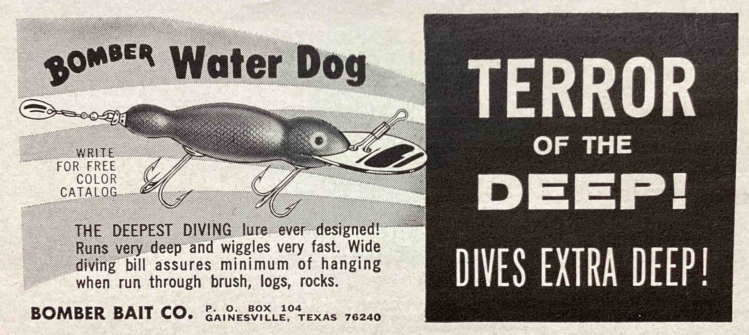 Water Dog Ad 4 Bomber Water Dog print ads were few and far between compared to the ads that contained the standard Bomber. Here is one of those ads circa pre-1960s. Image Mike Orzell.