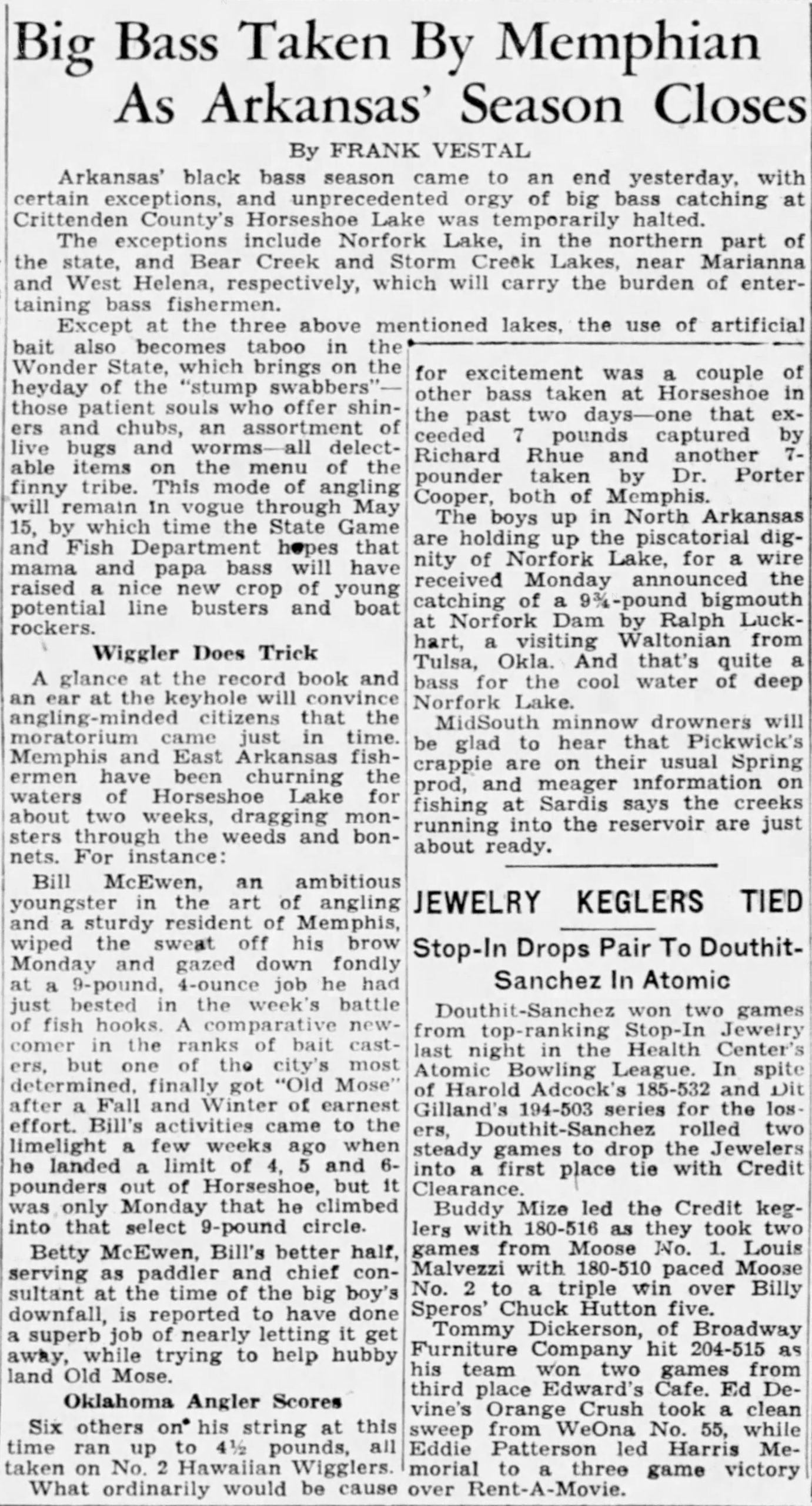 Bill McEwen Big Bass 1 The Commercial Appeal March 16, 1949 Page 26 The story of Bill McEwen's bass and how it put him on the map.
