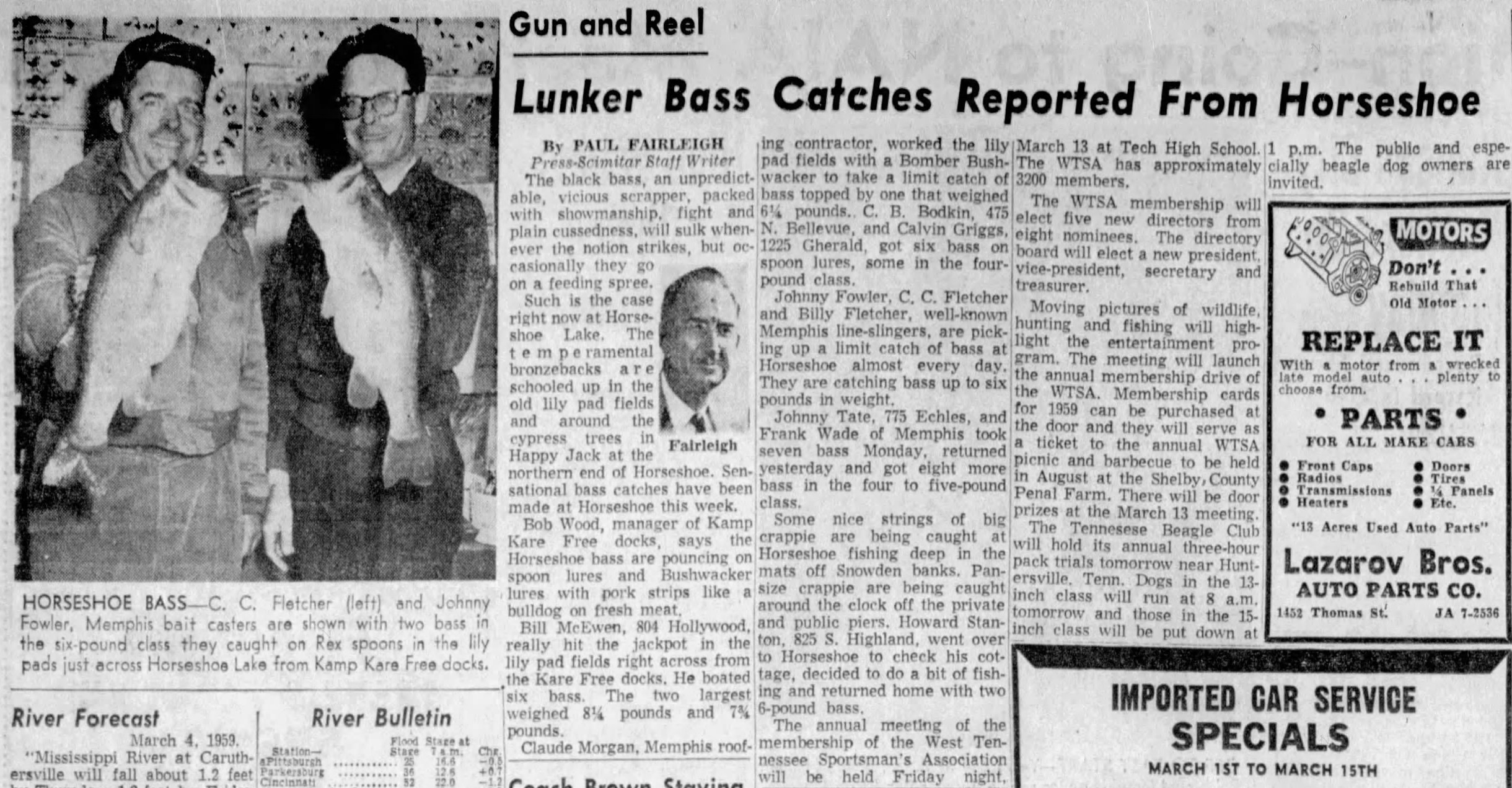 McEwen 4 The Memphis Press Scimitar March 4, 1959 Page 20 Big bass at Horseshoe. The Memphis Press Scimitar March 4, 1959.