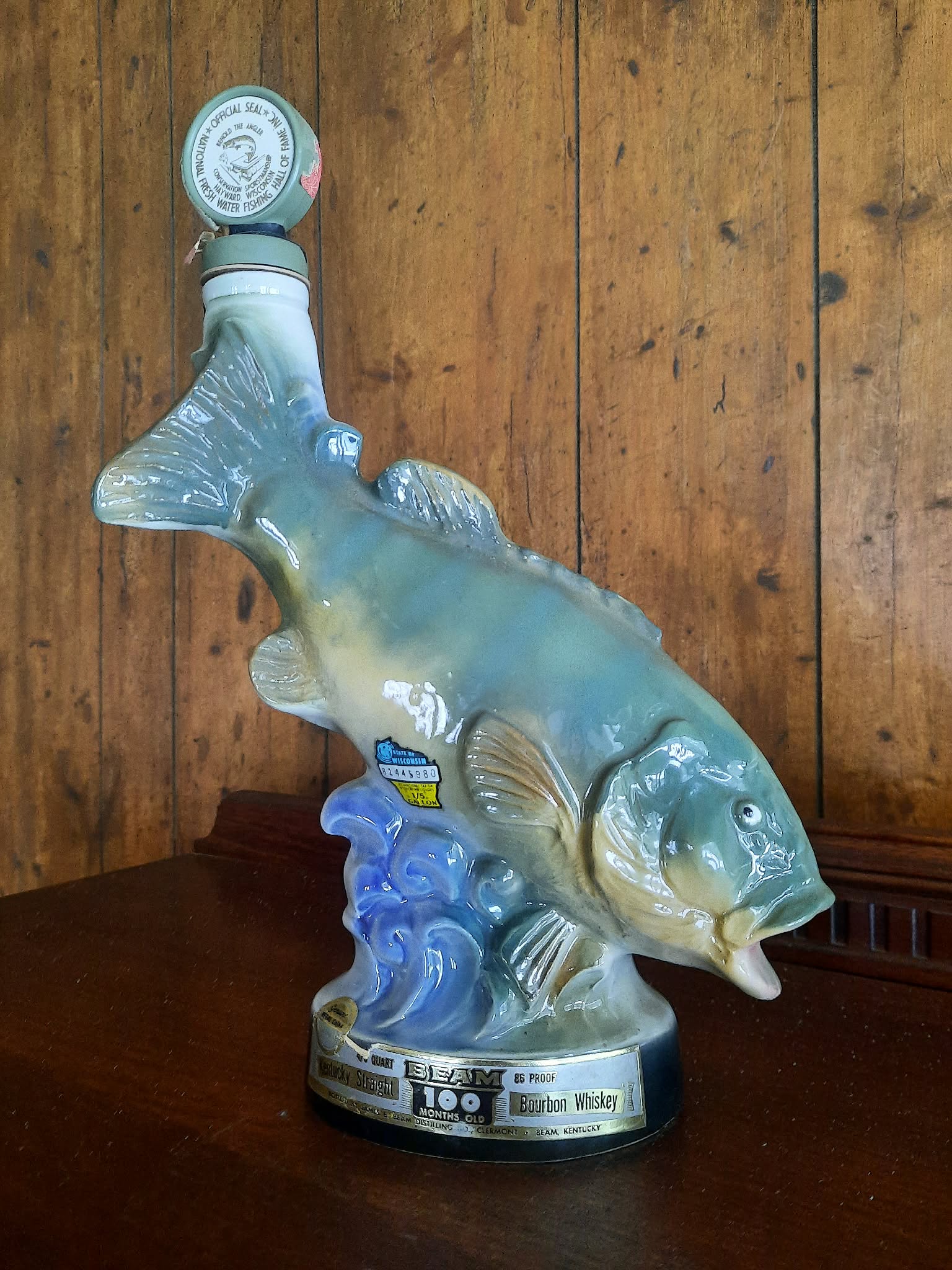 Jim Beam bass decanter, 1973, one in a series of 10 fish decanters made for the Fresh Water Fishing Hall of Fame and Museum.