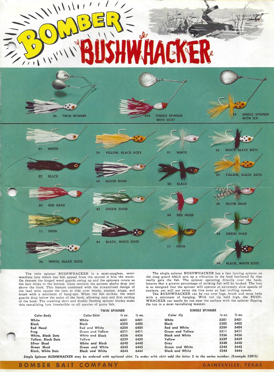 Bushwhacker The Bomber Bushwhacker spinnerbait was introduced in 1958/59 and was another of the baits that McEwen used. Image Terry Battisti.