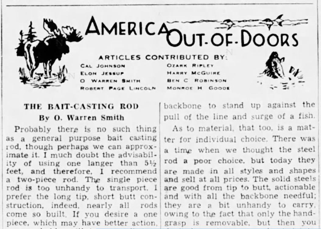 "America Out-of-Doors" - "The Bait-Casting Rod" by O. Warren Smith, Lexington Herald-Leader, Lexington, Kentucky, April 11, 1937.
