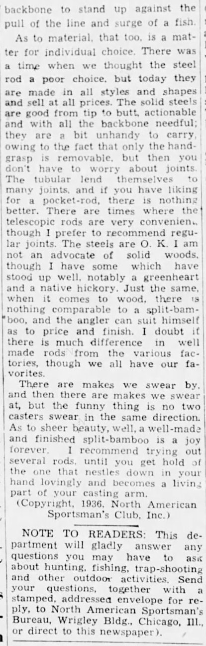 "The Bait-Casting Rod" by O. Warren Smith, Part 2, Lexington Herald-Leader, April 11, 1937.