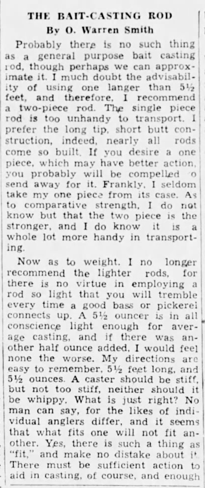 "The Bait-Casting Rod" by O. Warren Smith, Part 1, Lexington Herald-Leader, April 11, 1937.