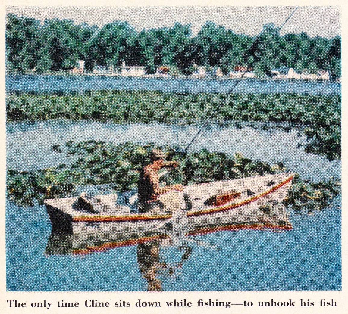 Walker Cline flipjacking a bass from Indian Lake Ohio. Image Outdoor Life November 1956.